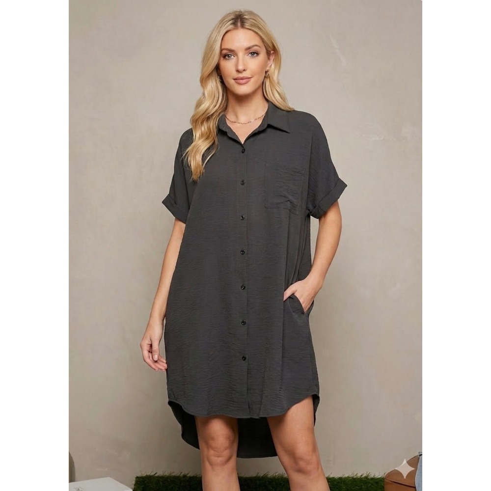 Bsubseach Womens Black Short Sleeve Button Down Shirt Dress Cover Up Size Large